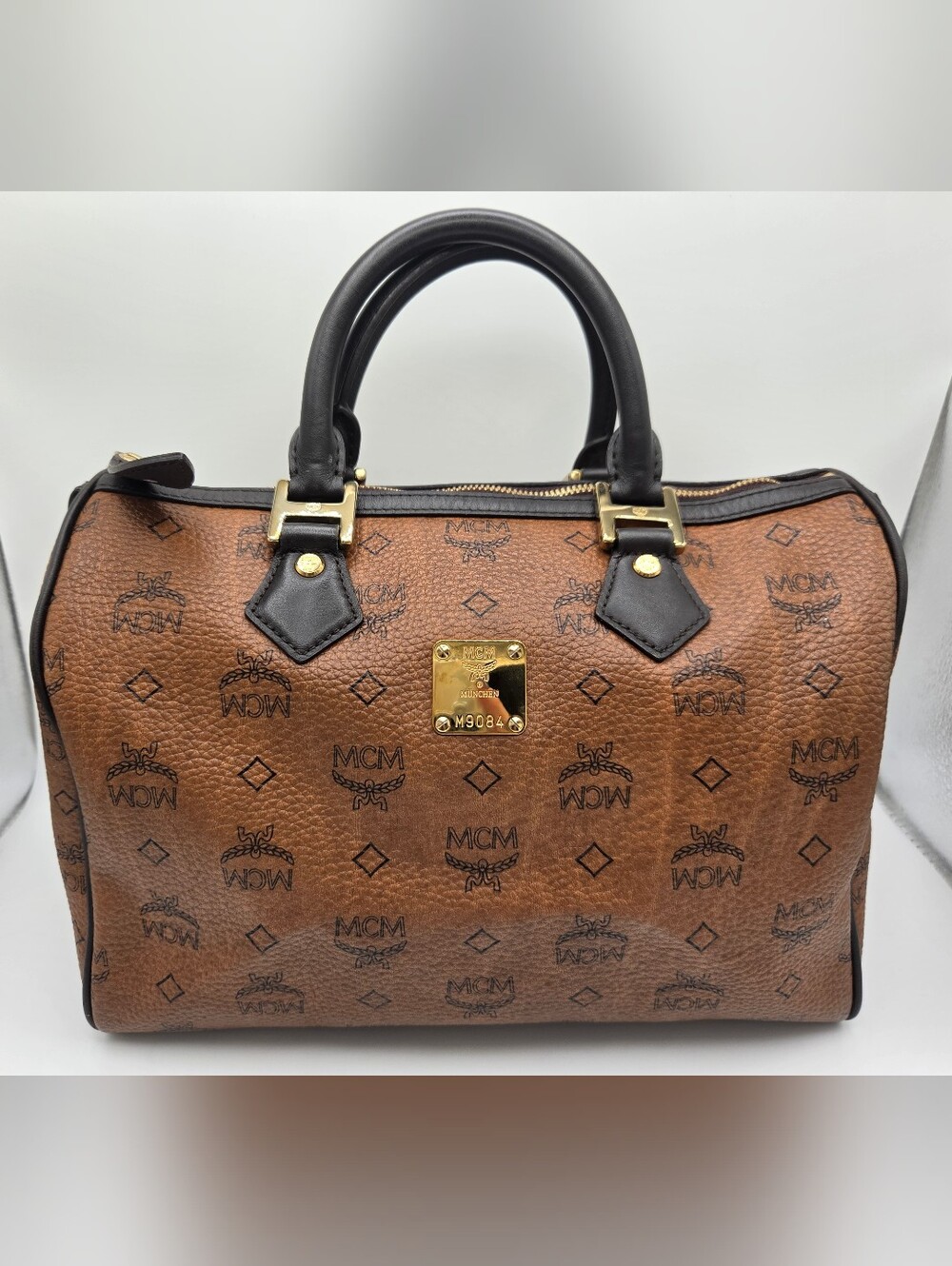 Authentic MCM Cognac Visetos Boston Bag Satchel with Black Handles